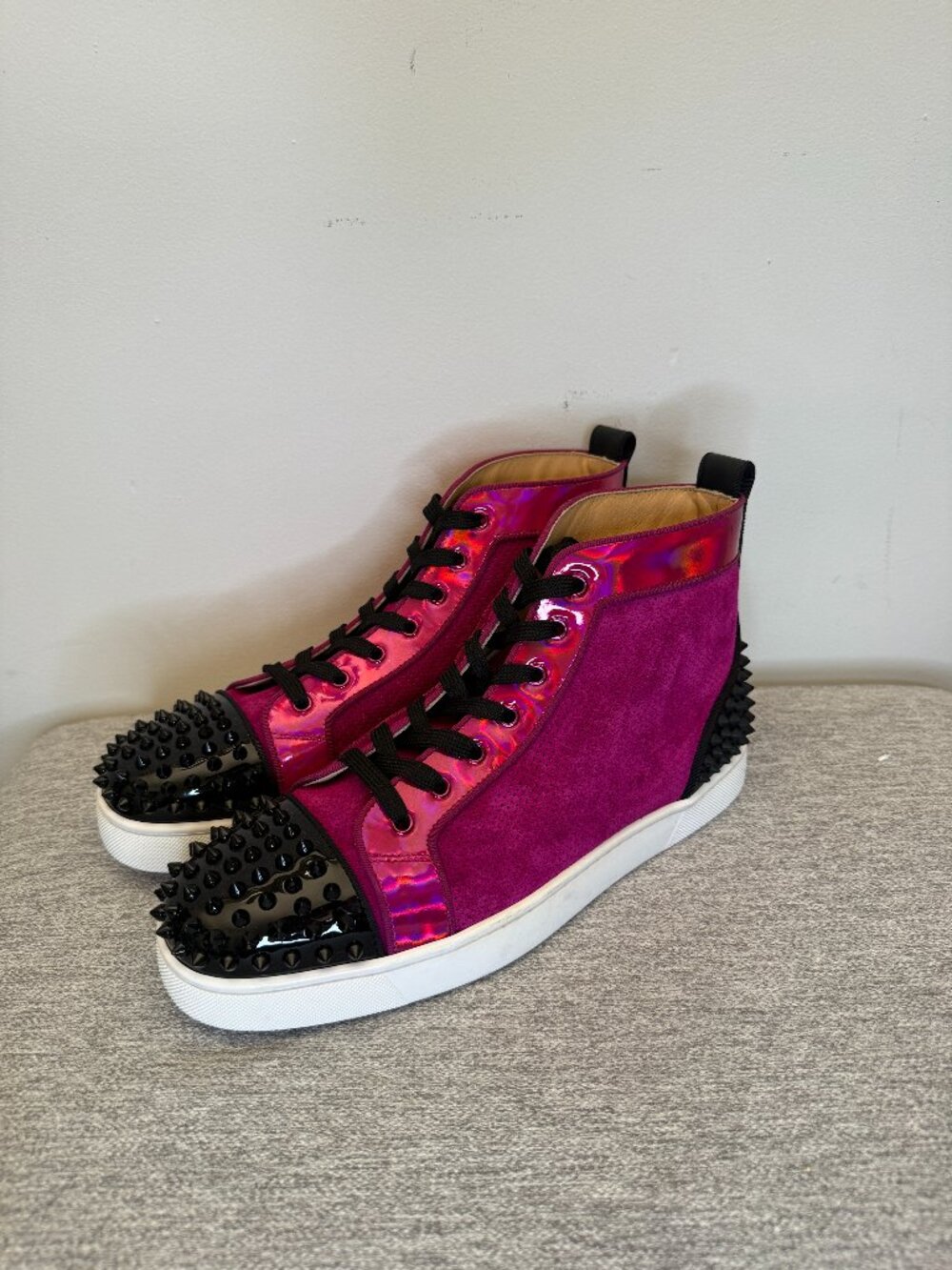 Christian Louboutin Lou Spikes #2 Leather High Top Sneakers Black & Purple EU 43